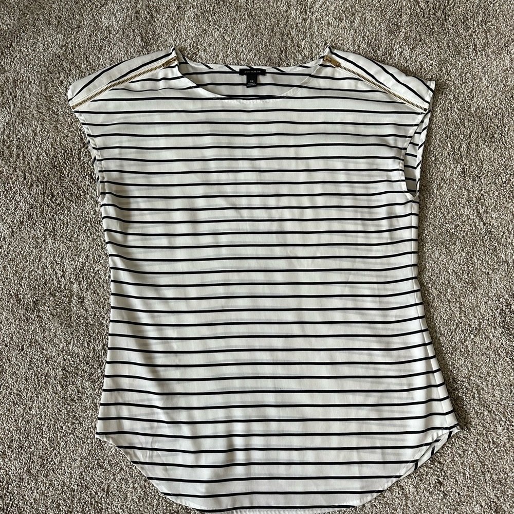 Ann Taylor XS navy and white striped shirt with gold zipper sleeve accents
